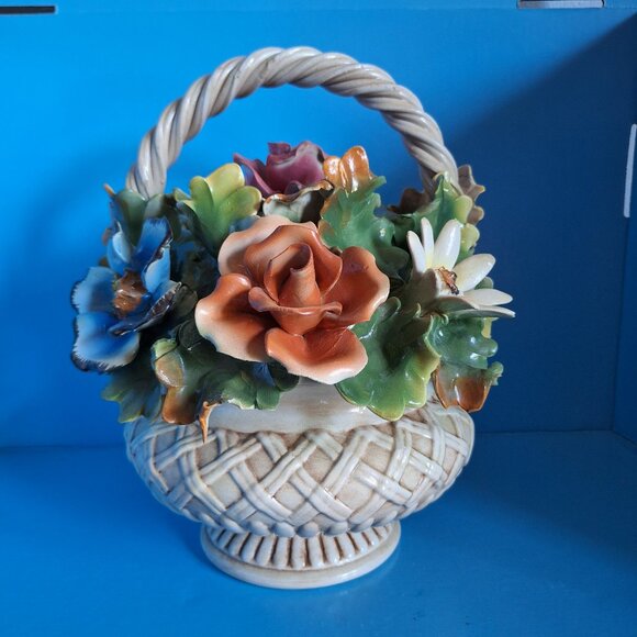 Vintage Capodimonte Centerpiece Pink Yellow Blue Lavender Flower Basket / Italy - Picture 1 of 8